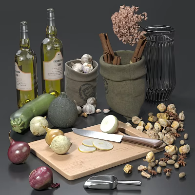 Fresh Vegetables Garlic Cinnamon and Olive Oil Bottles on Kitchen Cutting Board 3d model