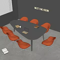 Modern Black Meeting Table With Red Chairs Laptop And Books In Bright Meeting Room