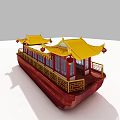 Traditional Chinese Wooden Boat With Yellow Roofs Red Hull And Decorative Railings