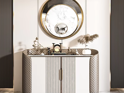 Elegant Modern Console Cabinet And Side Cabinet With Marble Top Round Mirror And Decorative Items 3d model
