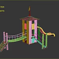Wooden Children Playground Structure With Tower Slide Rope Bridge And Stairs