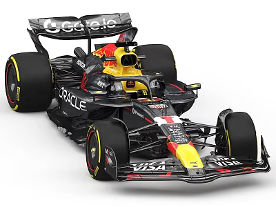 Red Bull Formula 1 Race Car With Aerodynamic Body Red Yellow Livery And Sponsor Logos 3d model