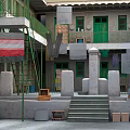 Old Courtyard With Multi Story Building Green Doors Red White Flag Scaffolding And Stone Pillars