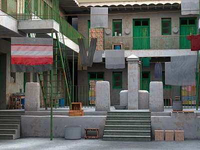 Old Courtyard With Multi Story Building Green Doors Red White Flag Scaffolding And Stone Pillars 3d model