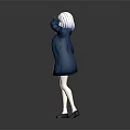 Anime Style 3D Female Character With White Hair Blue Coat Pink Necktie And Blue Skirt