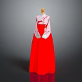 Traditional Korean Hanbok Dress With Red Skirt White Jacket And Floral Embroidery