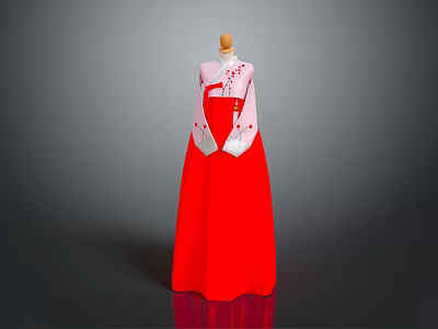 Traditional Korean Hanbok Dress With Red Skirt White Jacket And Floral Embroidery 3d model