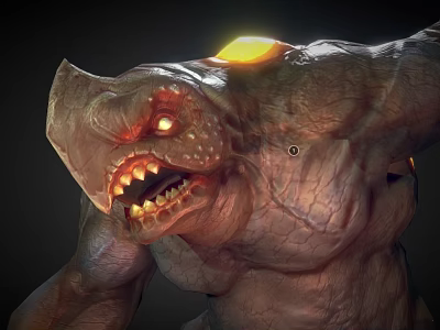 Fierce Monster Character With Glowing Eyes Sharp Teeth And Glowing Yellow Orb On Head 3d model