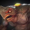 Fierce Monster Character With Glowing Eyes Sharp Teeth And Glowing Yellow Orb On Head