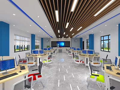 Modern Classroom Interior With Computer Workstations Blue Pillars Wooden Ceiling And Large Screen 3d model