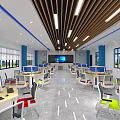 Modern Classroom Interior With Computer Workstations Blue Pillars Wooden Ceiling And Large Screen