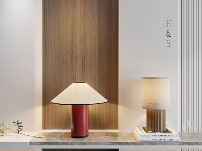 Stylish Table Lamps With Red Base Gold Striped Stand And White Shades On Marble Table 3d model
