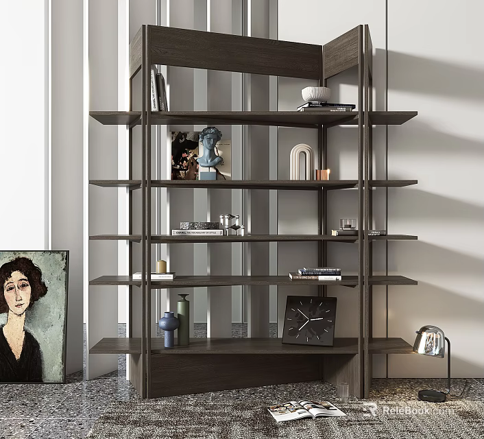 Multi Layered Modern Shelving Unit With Books Sculpture Vase Clock And Artwork In Interior 3d model 