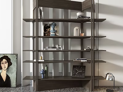Multi Layered Modern Shelving Unit With Books Sculpture Vase Clock And Artwork In Interior 3d model