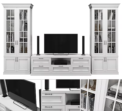 White Modern TV Stand With Glass Front Cabinets Drawers And Speakers 3d model