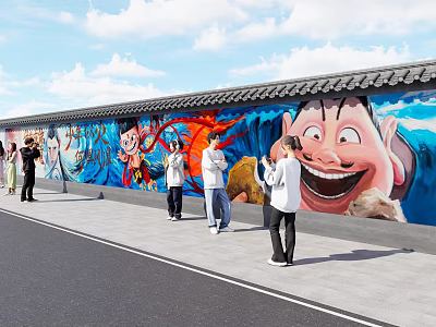 Vibrant Cartoon Mural Wall With Colorful Art And People Taking Photos Under Blue Sky 3d model