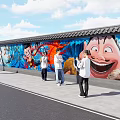 Vibrant Cartoon Mural Wall With Colorful Art And People Taking Photos Under Blue Sky