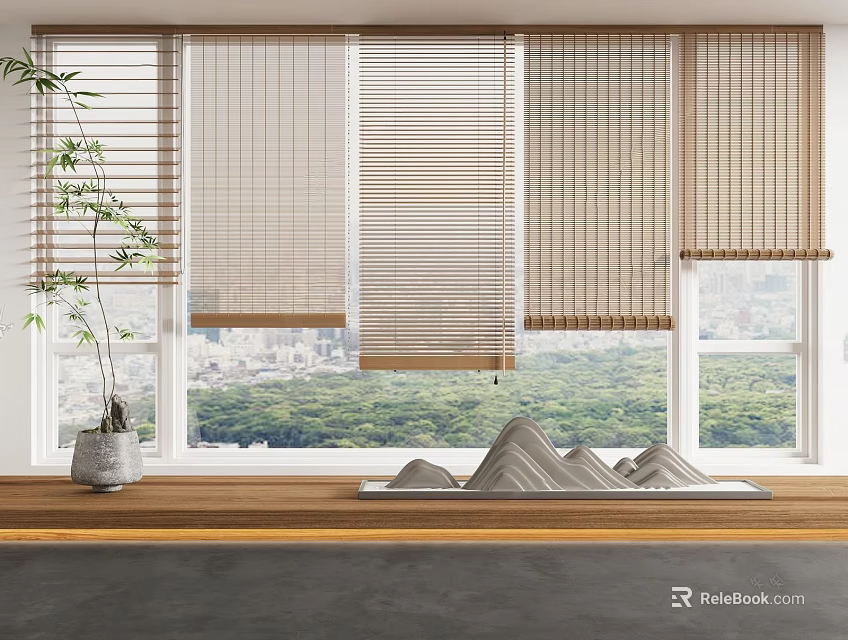 Natural Blinds On Windows With Wooden Sill Potted Plant And Scenic View 3d model 