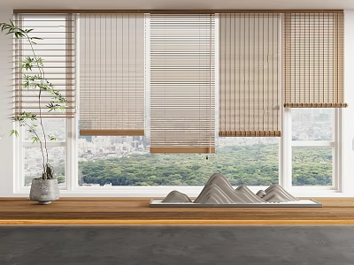Natural Blinds On Windows With Wooden Sill Potted Plant And Scenic View 3d model