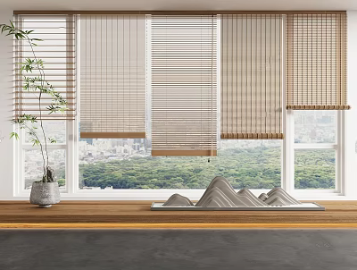 Natural Blinds On Windows With Wooden Sill Potted Plant And Scenic View 3d model