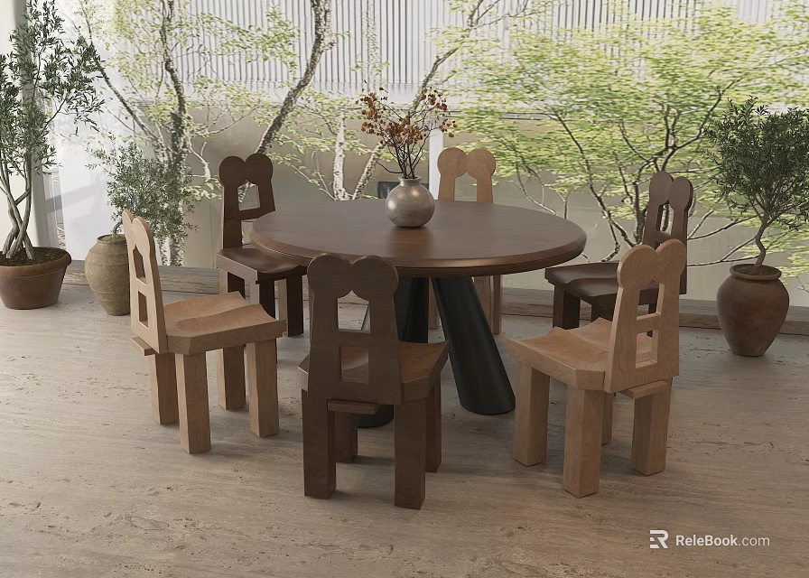 Round Wooden Dining Table Set With Six Chairs And Potted Plants In Natural Light 3d model 