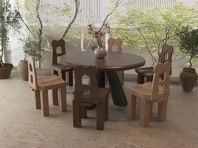 Round Wooden Dining Table Set With Six Chairs And Potted Plants In Natural Light 3d model