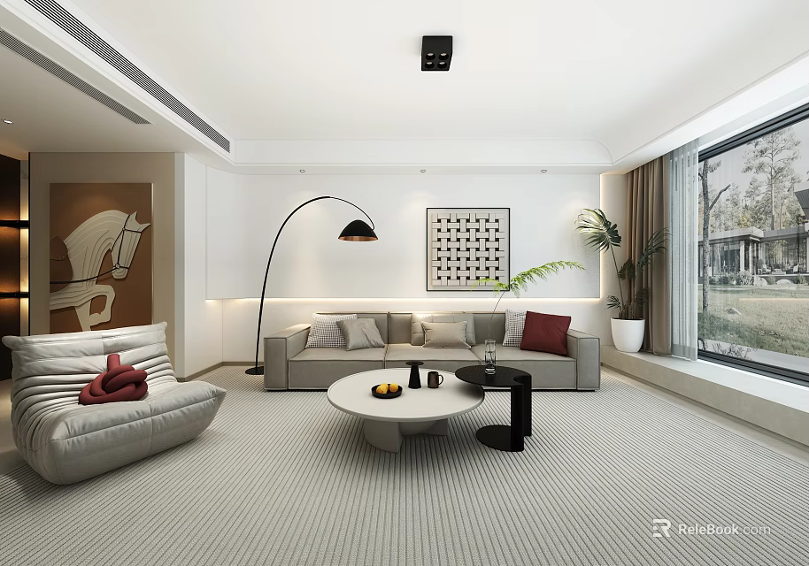 Modern Minimalist Living and Dining Room Interior With Sofa Coffee Table and Floor Lamp 3d model 