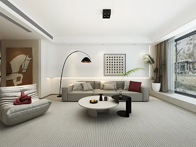 Modern Minimalist Living and Dining Room Interior With Sofa Coffee Table and Floor Lamp 3d model