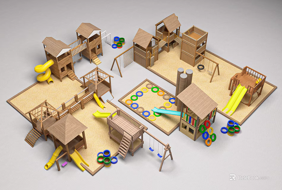 Durable Wooden Play Equipment With Slides Swings Climbing Frames Sandpits And Colorful Rings 3d model 