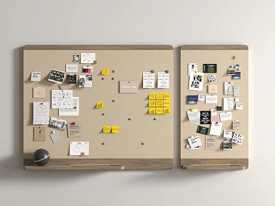 Decorative Organized Pinboard Photo Wall With Yellow Notes Black White Photos And Cards 3d model