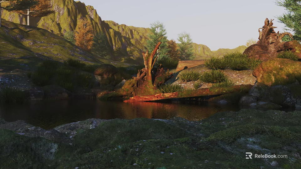 Tranquil Park Landscape Featuring Calm Lake Lush Green Grass And Distant Mountain Views 3d model 