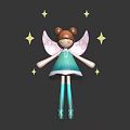 Doll With Brown Hair Pigtails Blue Dress Pink Wings And White Stars On Dark Background