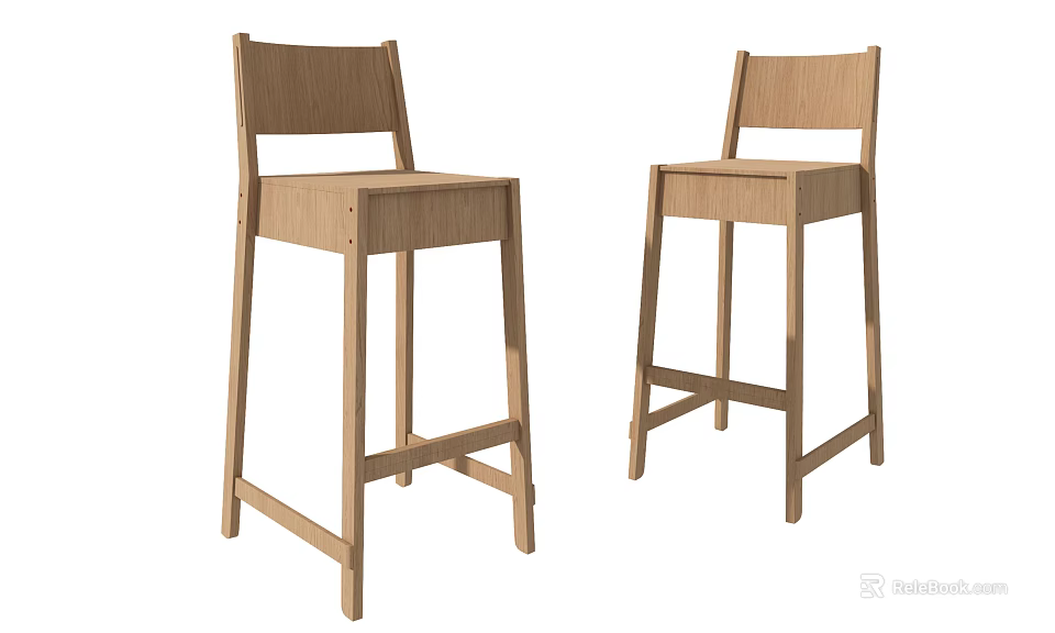 Pair of Simple Wooden Bar Stools With Slatted Back And High Legs Design 3d model 