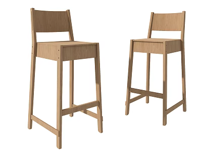 Pair of Simple Wooden Bar Stools With Slatted Back And High Legs Design 3d model