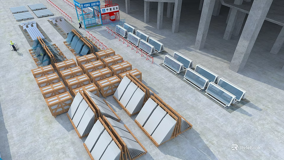 Prefabricated Building Components Neatly Stacked At Construction Site With Concrete Panels And Safety Barriers 3d model 