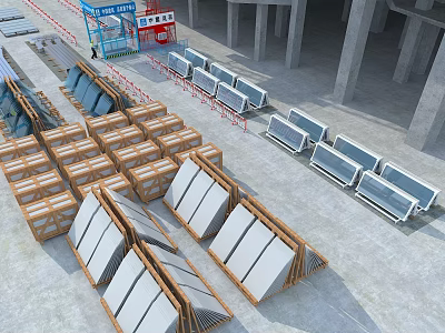 Prefabricated Building Components Neatly Stacked At Construction Site With Concrete Panels And Safety Barriers 3d model
