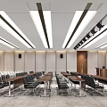 Modern Conference Room Interior With Long Tables Chairs Ceiling Lights And Large Screen 3d model