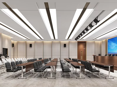 Modern Conference Room Interior With Long Tables Chairs Ceiling Lights And Large Screen 3d model