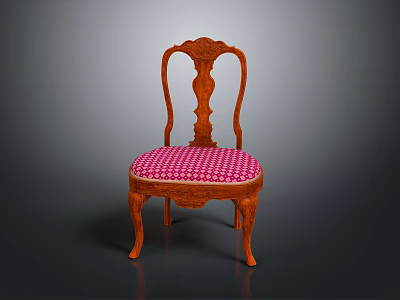 Vintage Wooden Chair With Ornate Carved Backrest And Pink Checkered Seat Cushion 3d model