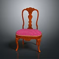 Vintage Wooden Chair With Ornate Carved Backrest And Pink Checkered Seat Cushion