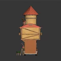 Cartoon Orange House with Red Roof Balcony Green Plants Awning and Tables Chairs on Terrace
