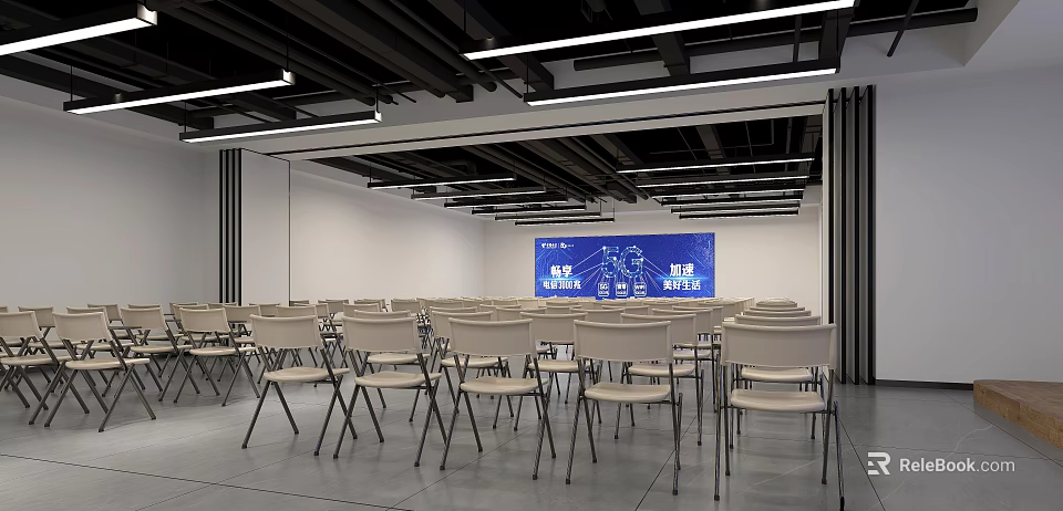 Modern Conference Room With Neatly Arranged Chairs Large Blue Display Screen And Ceiling Lights 3d model 