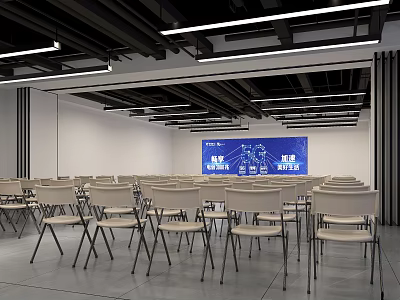 Modern Conference Room With Neatly Arranged Chairs Large Blue Display Screen And Ceiling Lights 3d model