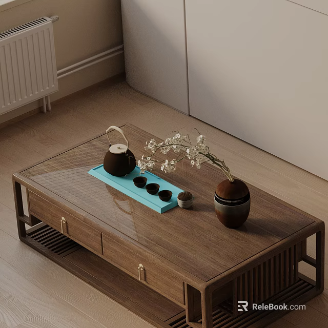 Modern Sofa and Coffee Table Set with Wooden Drawers Teapot Tea Cups and Flower Vase 3d model 