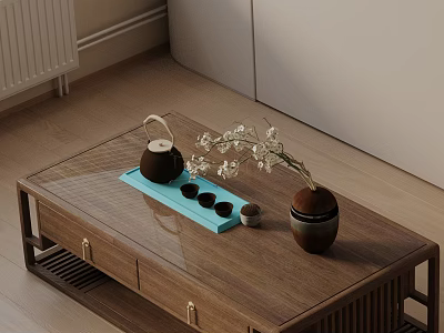 Modern Sofa and Coffee Table Set with Wooden Drawers Teapot Tea Cups and Flower Vase 3d model