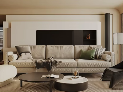 Modern Living Room With Beige Sofa Gray Green Pillows Round Coffee Table Black TV Stand 3d model