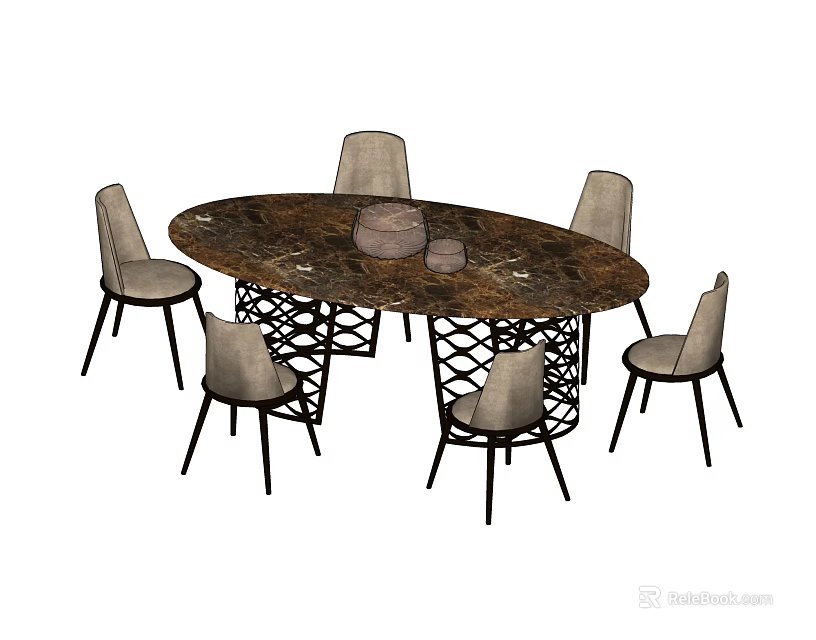 Modern Oval Dining Table Set With Marble Top And Six Light Seats Black Legs 3d model 