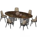 Modern Oval Dining Table Set With Marble Top And Six Light Seats Black Legs 3d model