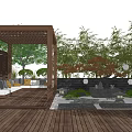 Courtyard Garden Design With Wooden Pergola Seating Area Water Fountain And Lush Greenery