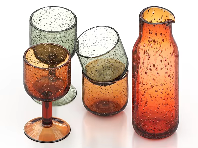 Assorted Colored Bubbled Glass Wine Bottles And Wine Glasses Decorative Set 3d model